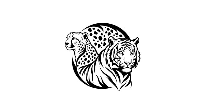 A powerful black and white vector illustration of a tiger fish head silhouette featuring a wild predator animal face design for a nature tattoo logo