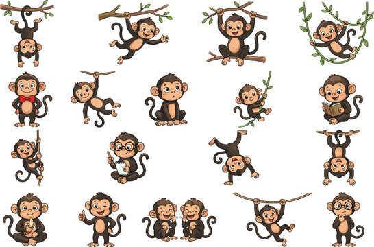 Cute Cartoon Monkey Characters Collection Vector Illustration with Various Poses and Expressions Set
