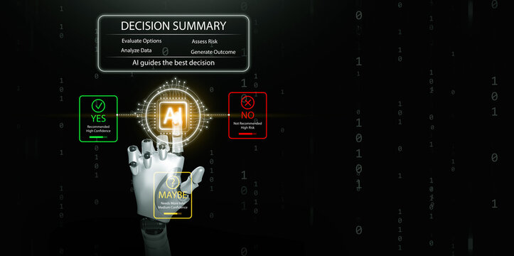 Artificial intelligence decision making concept with robotic hand touching AI interface showing yes, no and maybe options, decision summary, risk assessment and smart choice support system.