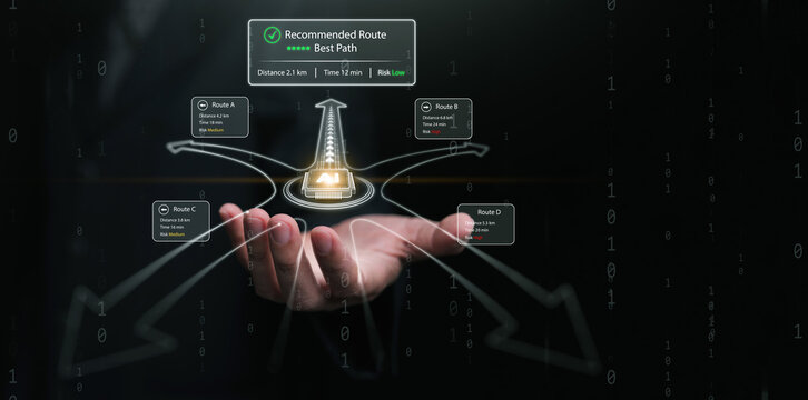 Artificial intelligence decision making concept showing hand holding AI route recommendation with multiple roads, best path selection, risk analysis and data arrows for business directions.