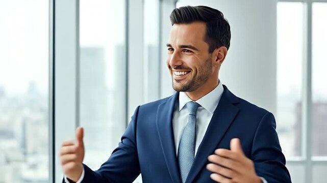 A smiling businessman in a blue suit stands with his arms crossed.