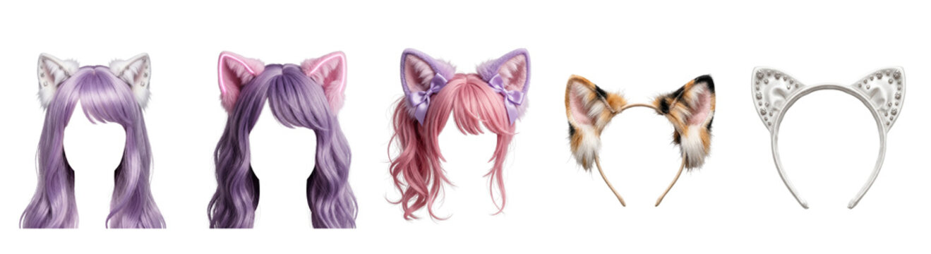 kawaii cat ears png, Five cat ear headbands with colorful hair on transparent background