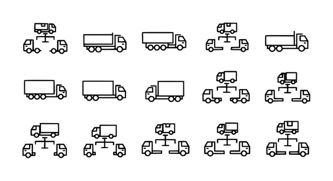 Commercial delivery truck and heavy freight logistics icon set featuring semi trucks cargo trailers and fleet distribution symbols for international shipping and transportation infographics.