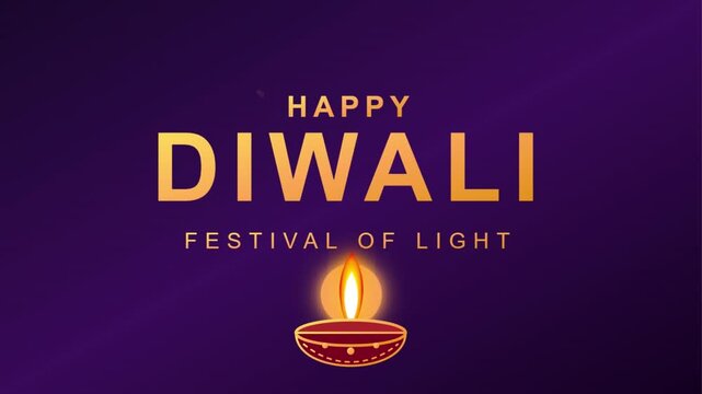 Diwali festival of light greeting card features a golden typography design paired with a traditional oil lamp illustration set against a deep purple backdrop to celebrate the auspicious occasion.