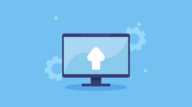 Computer screen with white upload symbol.