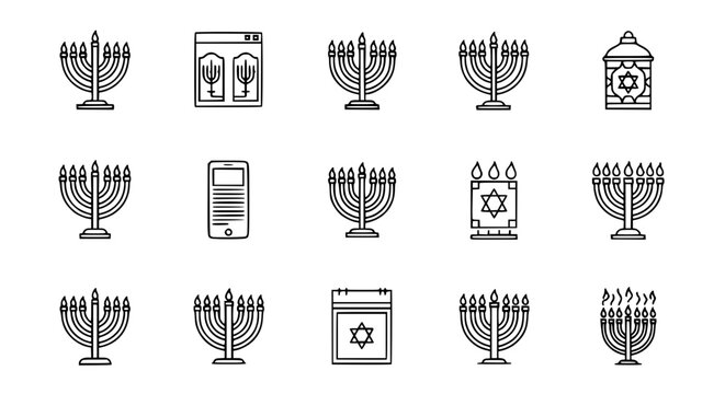 Hanukkah menorah and Jewish holiday tradition icon set featuring Star of David lantern calendar and digital app symbols for religious celebration and Chanukah greetings.