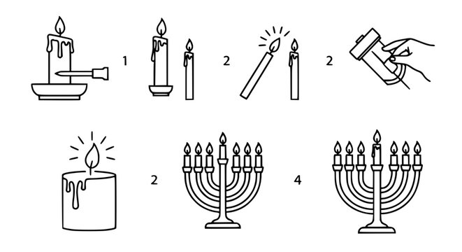 Hanukkah tradition icon set featuring menorah candle lighting ceremony with shamash and numbered steps for celebrating the jewish festival of lights holiday infographics.