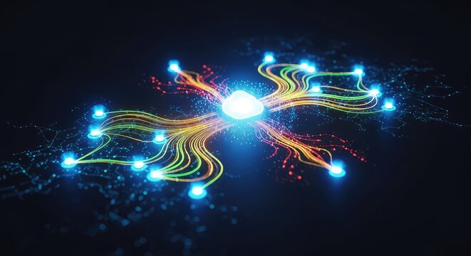 A glowing digital map representing edge computing nodes connecting to a central cloud server through flowing data streams in a network, analytics, digital, interface
