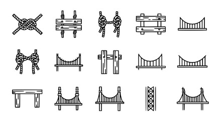Nautical rope knots and bridge architecture icon set featuring suspension bridges wooden docks and seafaring cordage for maritime engineering and coastal infrastructure infographics. © Sukhi