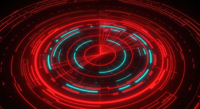 Glowing red and blue concentric circles rotate rapidly in darkness