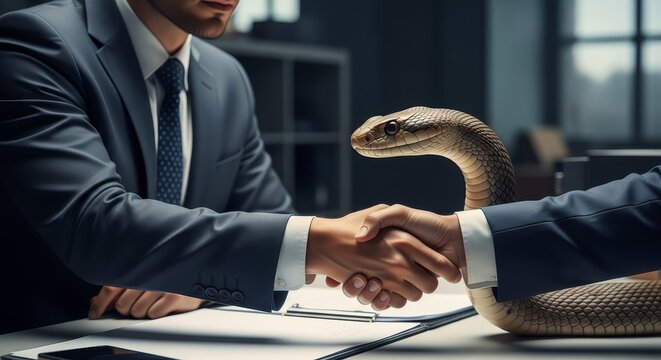 A snake symbolizing cunning negotiates a business deal with a man in a suit, shaking hands in an office setting.