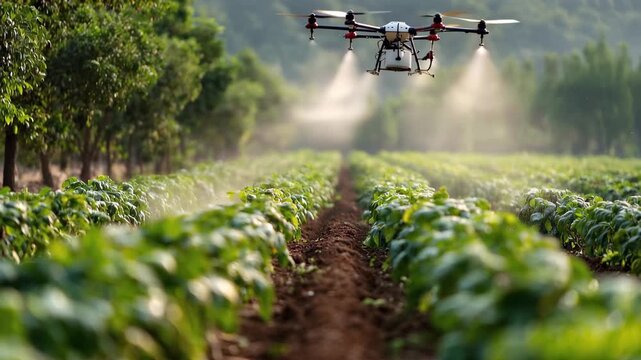 Sustainable agriculture and pest control, A man in a white protective suit sprays pesticide on a green bean field