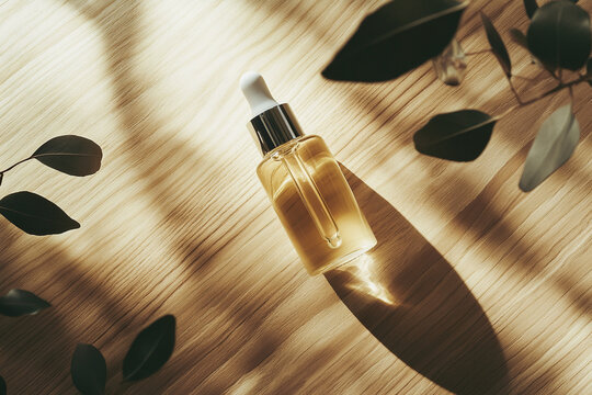 Cosmetic bottle with vitamin serum on a pristine wooden table.a Soft, natural lighting casts gentle shadows, The overall aesthetic conveys a serene spa atmosphere, focusing on relaxation.
