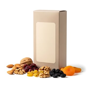 Blank cardboard box packaging for healthy mixed nuts and dried fruits snack food standing on a table