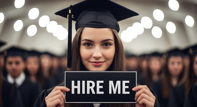 Graduate holding hire me sign at ceremony
