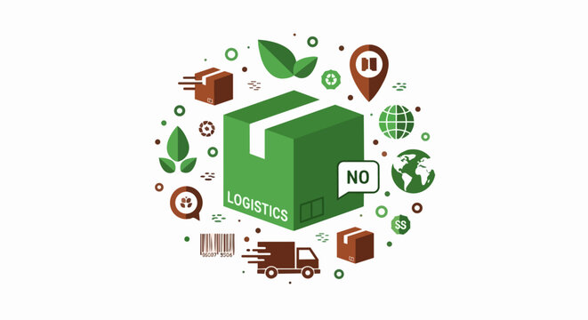 Sustainable Logistics and Eco-Friendly Shipping Concept Illustration with Green Box and Delivery Icons