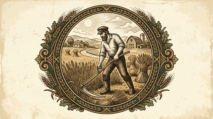 Vintage illustration of farmer harvesting wheat field with ornamental border © HALEDS