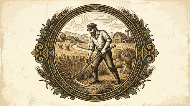Vintage illustration of farmer harvesting wheat field with ornamental border