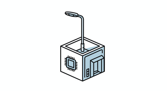 Small cube shaped robot with antenna.