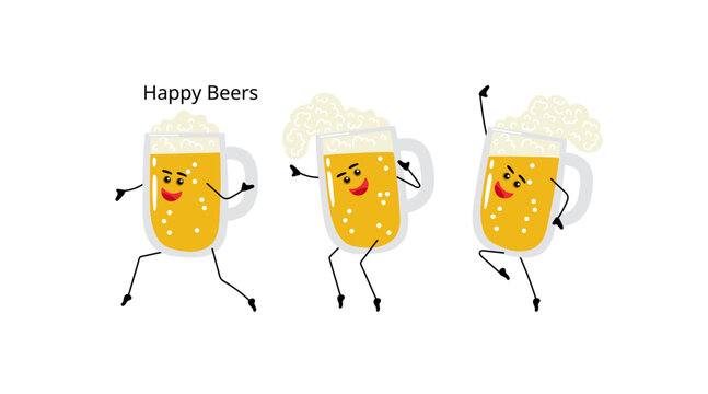 Set of three dancing beer mugs. Beer mug dancing. Vector illustration for Oktoberfest, pub culture, alcohol branding, festive bar decor, cheerful drink designs. Beer festival flyers, brewery merch