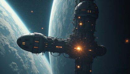 Futuristic Space Station Orbiting Earth with Glowing Elements