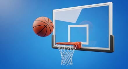 Naklejka premium Basketball swishing through hoop on vibrant blue background