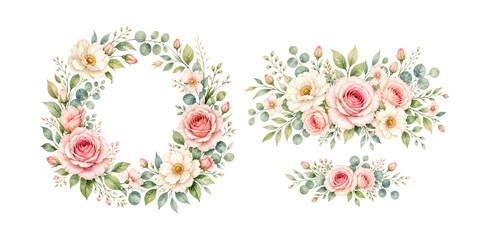 A charming watercolor set of floral wreaths and bouquets featuring soft pink roses white blossoms eucalyptus leaves and delicate greenery illustrated in a natural botanical style. © liana