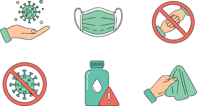 Virus Prevention and Hygiene Icon Set with Face Mask, No Handshake Sign, Sanitizer Bottle, and Health Safety Symbols for Medical Awareness Design
