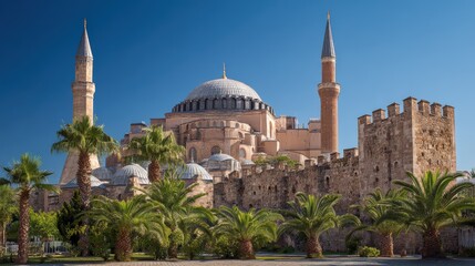Fototapeta premium Hagia sophia mosque and ancient city walls in istanbul, turkey