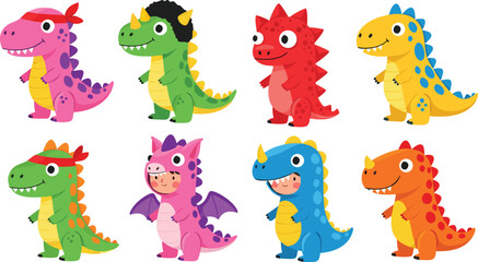 Cute Cartoon Dinosaur Characters Vector Set with Colorful Baby Dinosaurs, Funny T-Rex, Dragon Costume Kid, and Playful Fantasy Animal Designs © EdGe Creative