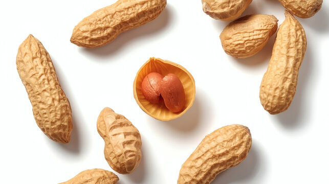 These are raw peanuts shown in their shells and one open pod revealing the seeds