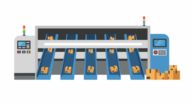 Industrial Automated Sorting Machine Illustration with Conveyor Belts and Cardboard Boxes for Logistics and Warehouse Automation