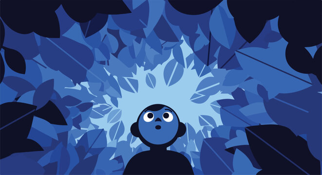 surprised cartoon character in blue leaves explosion background
