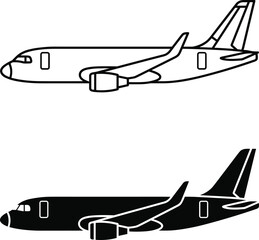 Airplane silhouette and outline illustrations showing detailed wings, engines, and tail fins for aviation, travel, and design concepts © MDGOLAM