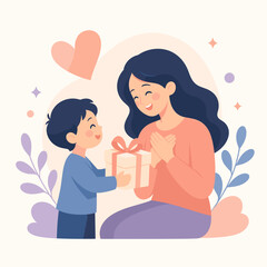 Fototapeta premium Little boy giving a wrapped gift to his smiling mother illustration