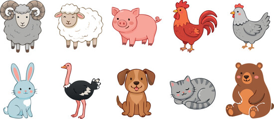 Fototapeta premium Adorable Cartoon Farm and Forest Animal Illustration Set Featuring Cute Sheep Pig Rooster Rabbit and Bear Characters