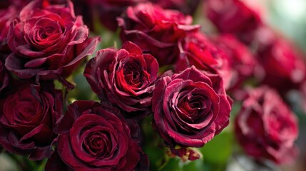 Naklejka premium Closeup of a bouquet of deep red roses with velvet petals