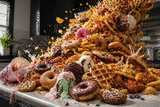 Chaotic pile of donuts, waffles, cookies, fries, chicken, cereal, ice cream, and milk splashes exploding across modern kitchen counter in dynamic indulgent scene