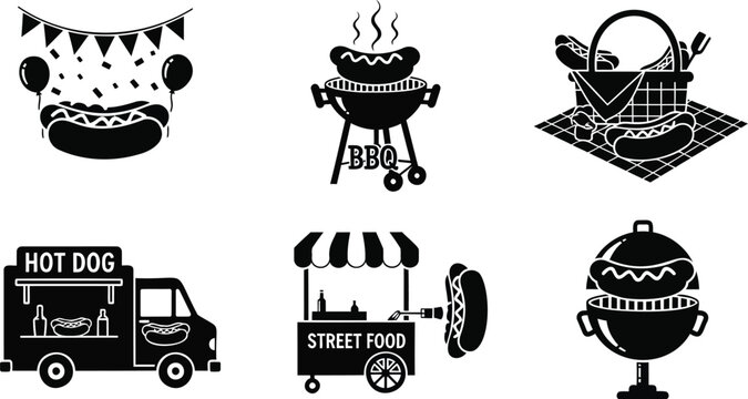 Hot dog bbq party and street food cart vector illustration black solid silhouette graphics.