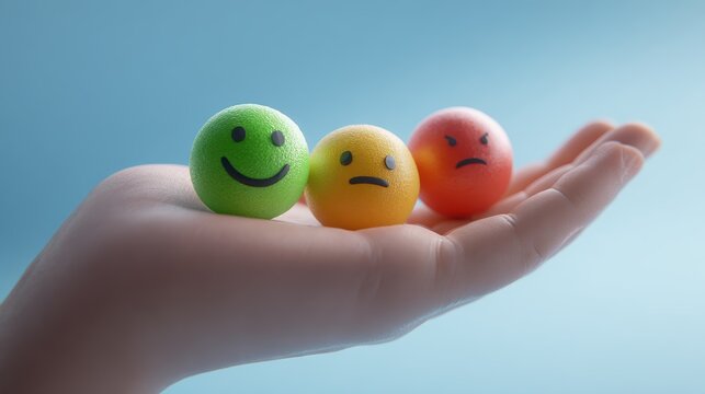 Hand holding three stress balls with different facial expressions representing emotions