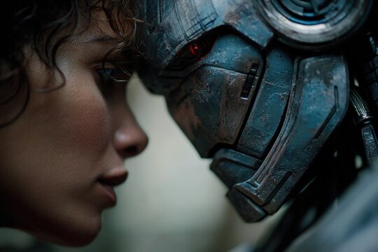 Close-up of a woman with curly hair facing a humanoid robot with metallic features, showcasing intricate details and textures in a dramatic lighting setting