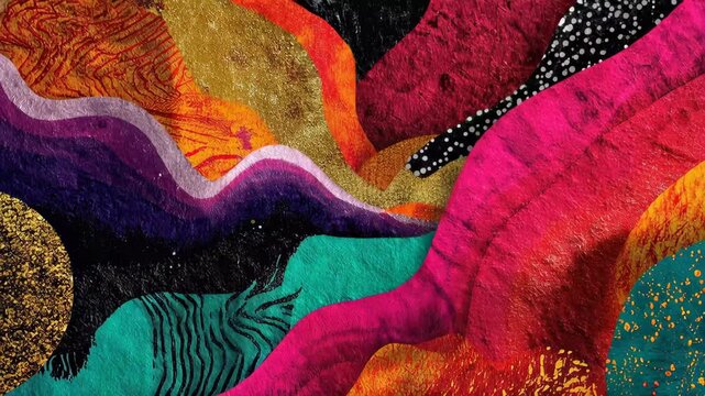 Vibrant and textured abstract design, A vibrant painting featuring a variety of colorful flowers in full bloom against a bright