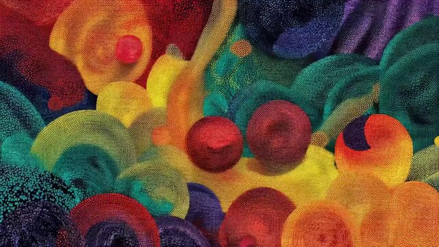 Vibrant and textured abstract design, A vibrant painting featuring a variety of colorful flowers in full bloom against a bright