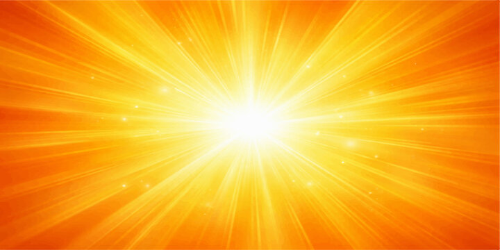 Abstract sunburst background with bright yellow and orange rays glowing in a warm summer sky vector design