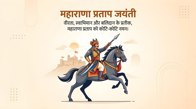 Maharana Pratap Jayanti Celebration Illustration, Brave Rajput King on Horseback with Spear and Crown Symbol, Traditional Tribute to the Warrior Hero of Mewar
