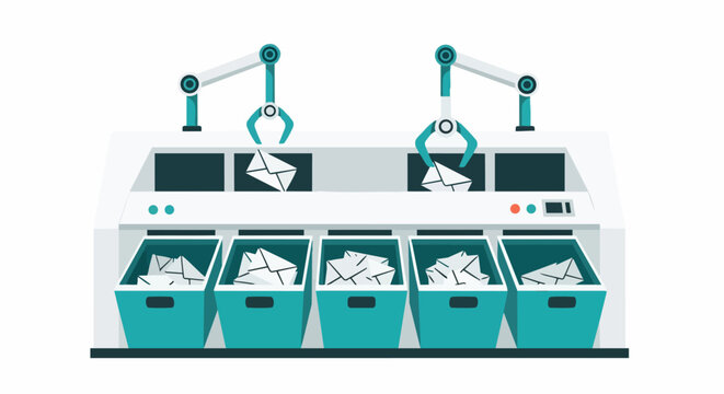 Automated Mail Sorting System with Robotic Arms Processing Envelopes into Bins - Flat Style Illustration for Technology and Communication Efficiency