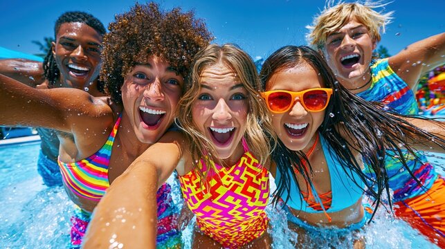 High energy group of diverse teenagers taking a wide angle selfie in a swimming pool