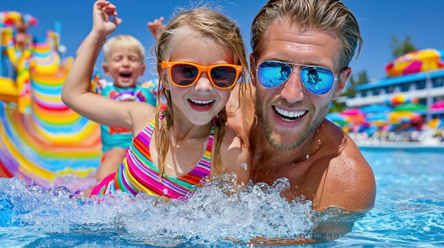Father and young daughter wearing sunglasses having fun in a water park pool