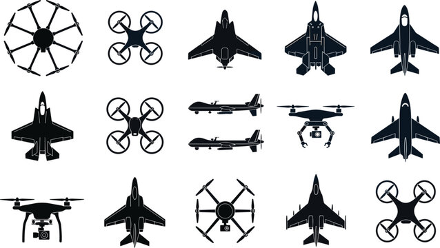 Aerial Vehicle Icon Set Featuring Military Jet Silhouettes Commercial Drones Quadcopters and Unmanned Aerial Systems for Aerospace Design
