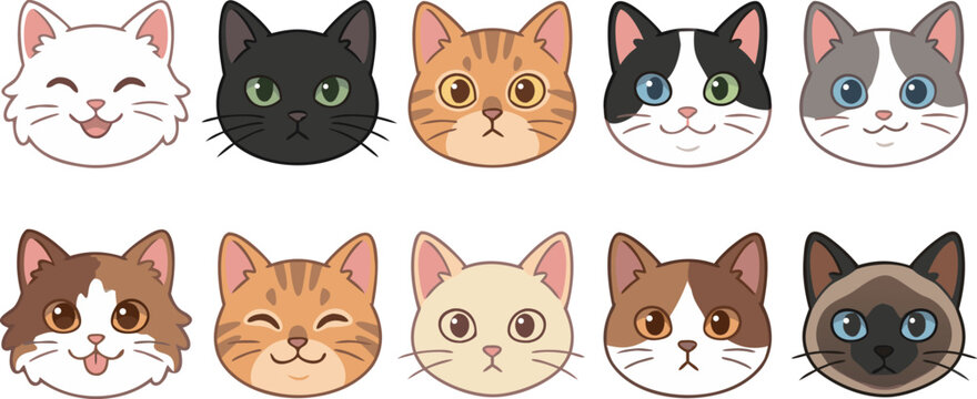 Collection of cute cartoon cat faces with different breeds and expressions for pet avatar and sticker design